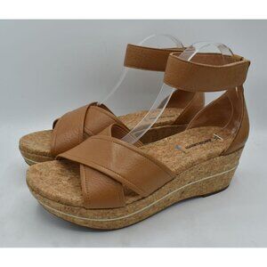 Johnston & Murphy Womens Size 9.5 Gigi Cross Band Tan Leather Platform Sandals